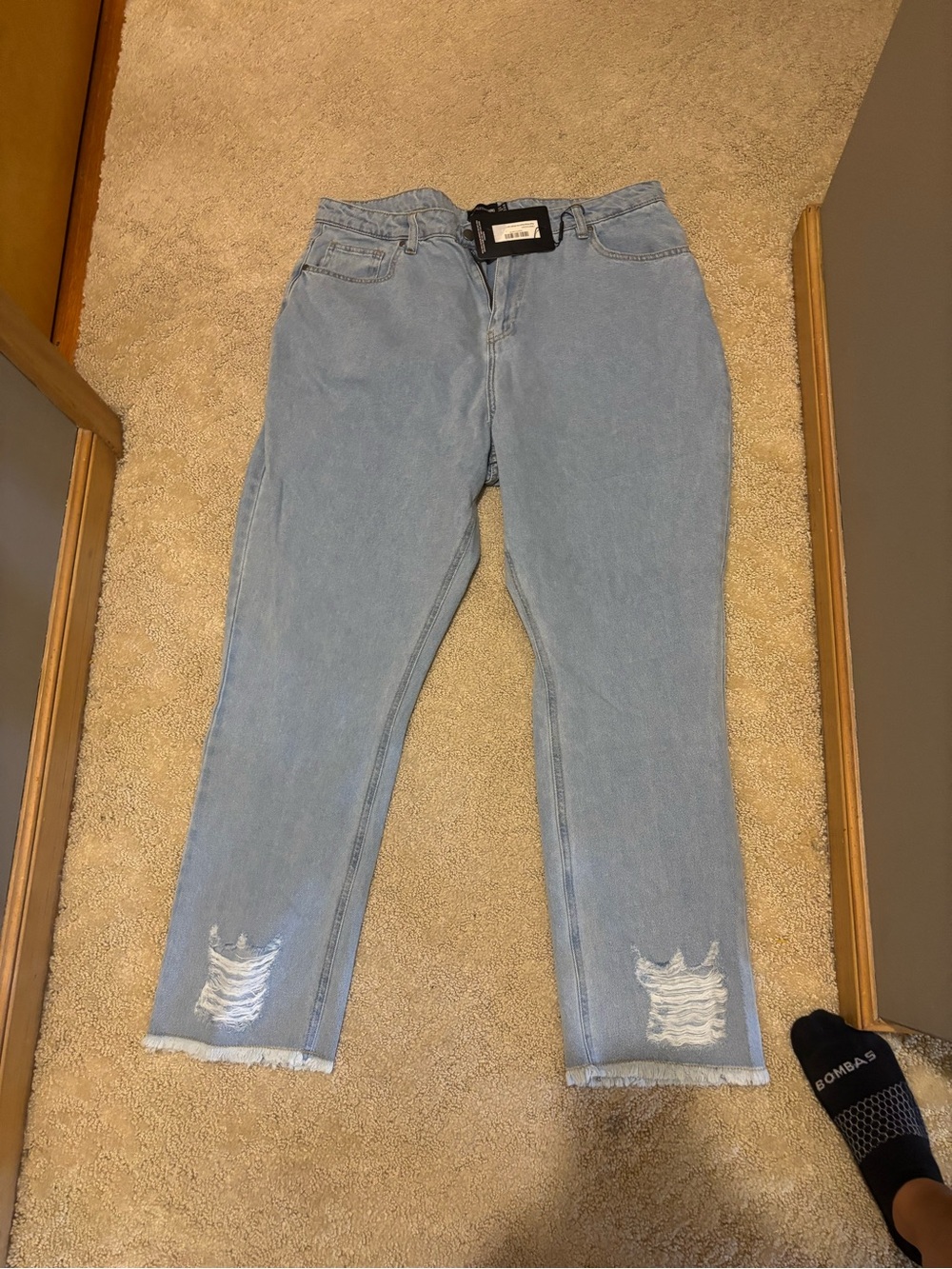 NWT PrettyLittleThing Light Blue Boyfriend Jeans with Distressed Hem